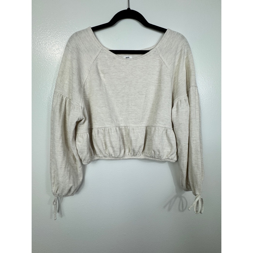 aerie Endless Summer Cream Peplum Cropped Sweatshirt Lantern Sleeve Tie Cuff M - Picture 3 of 11